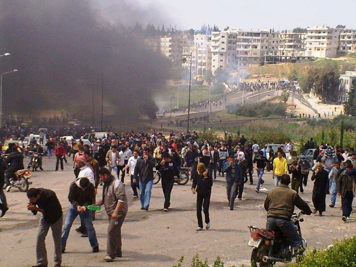 Syrian demonstrators gathered in the streets of Daraa during the early days of the 2011 uprising