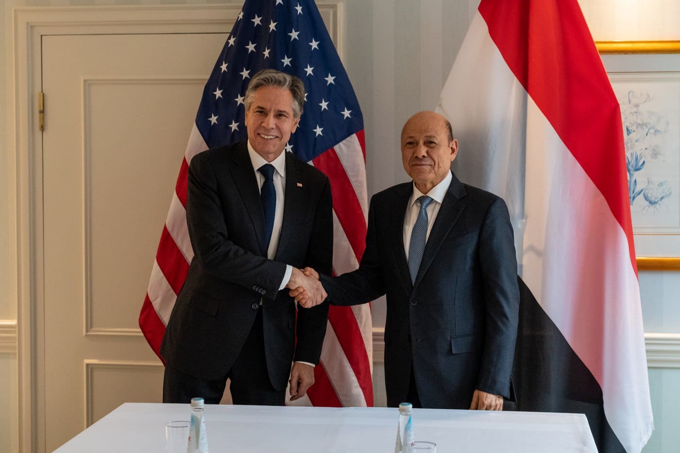 Rashad al-Alimi, chairman of Yemen's Presidential Leadership Council formed when Hadi ceded power in April 2022, meeting with U.S. Secretary of State Antony Blinken